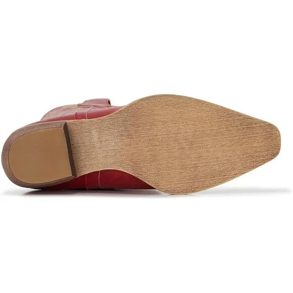 Women’s Faux Leather Mid Calf Red Embroidery Stacked Heel Western Boots - Picture 6 of 7